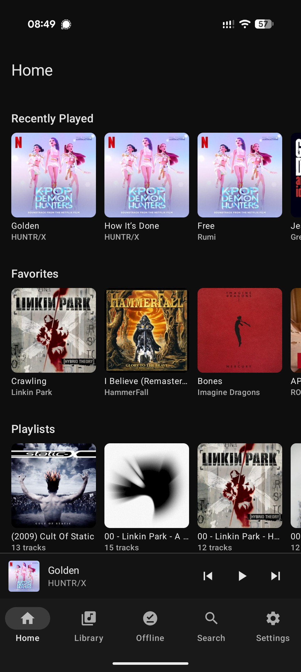 Home screen — Recently Played, Favorites, Playlists