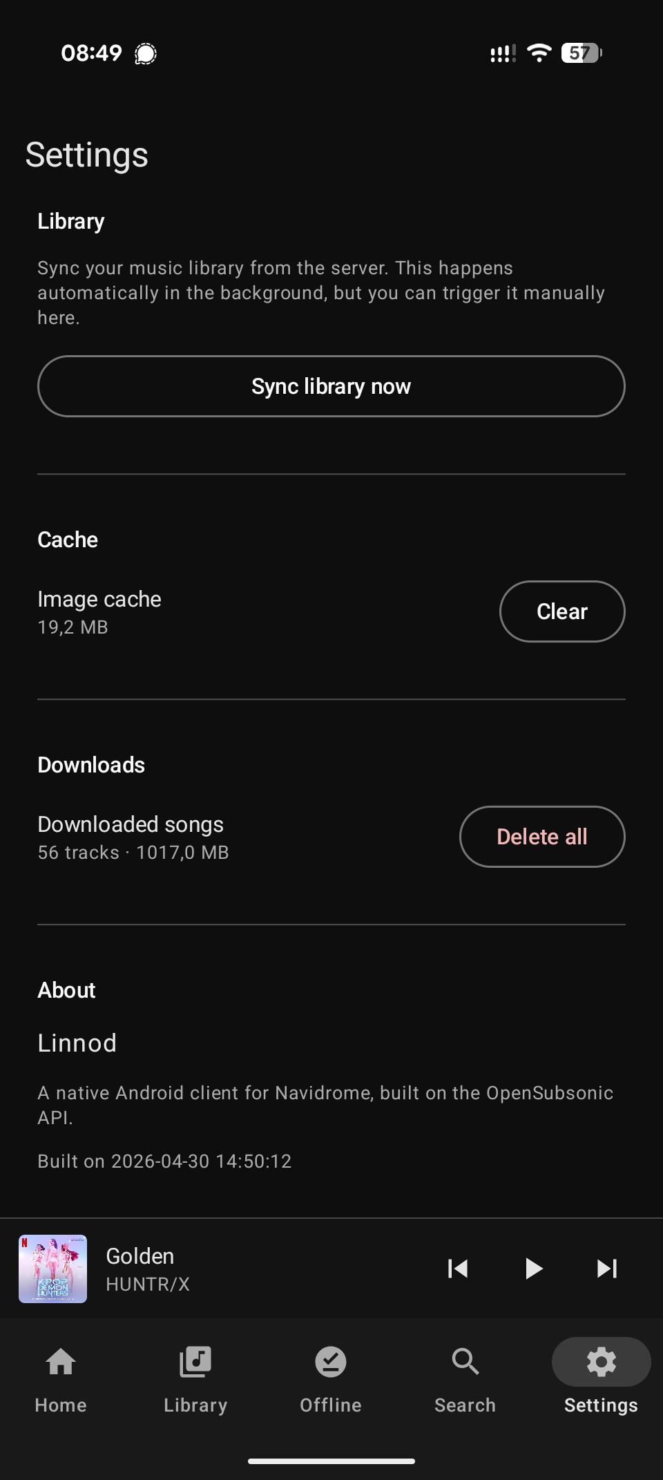 Settings screen